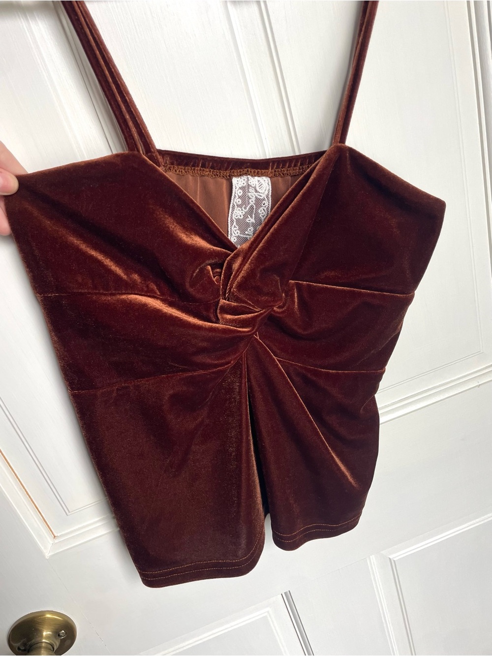 Velvet Knot-Front Spaghetti Strap Top in Deep Brown